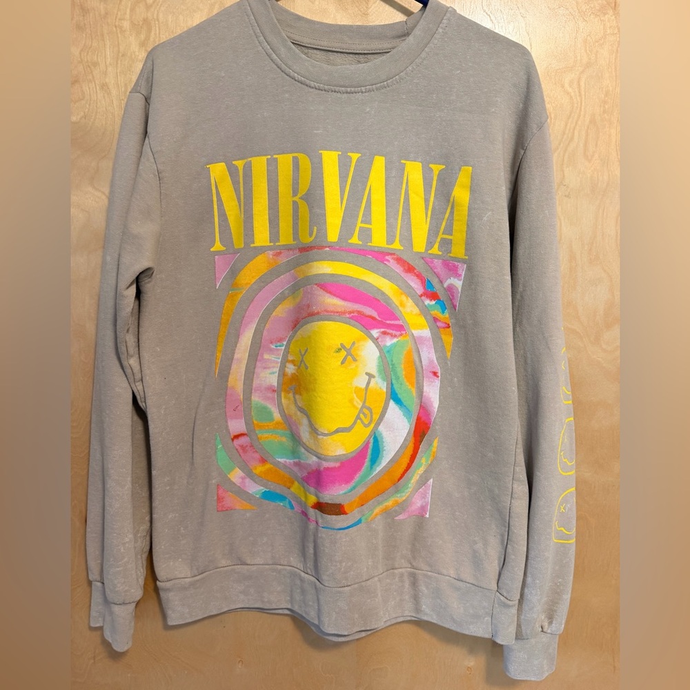 NIRVANA urban outfitters Tan Crewneck with Yellow Logo and Multicolor Smiley